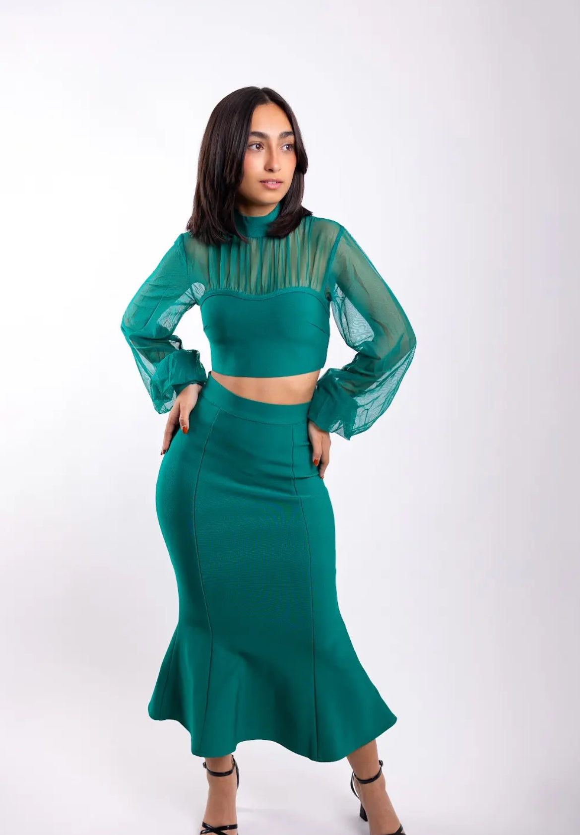 Green Fit Midi Skirt Set.