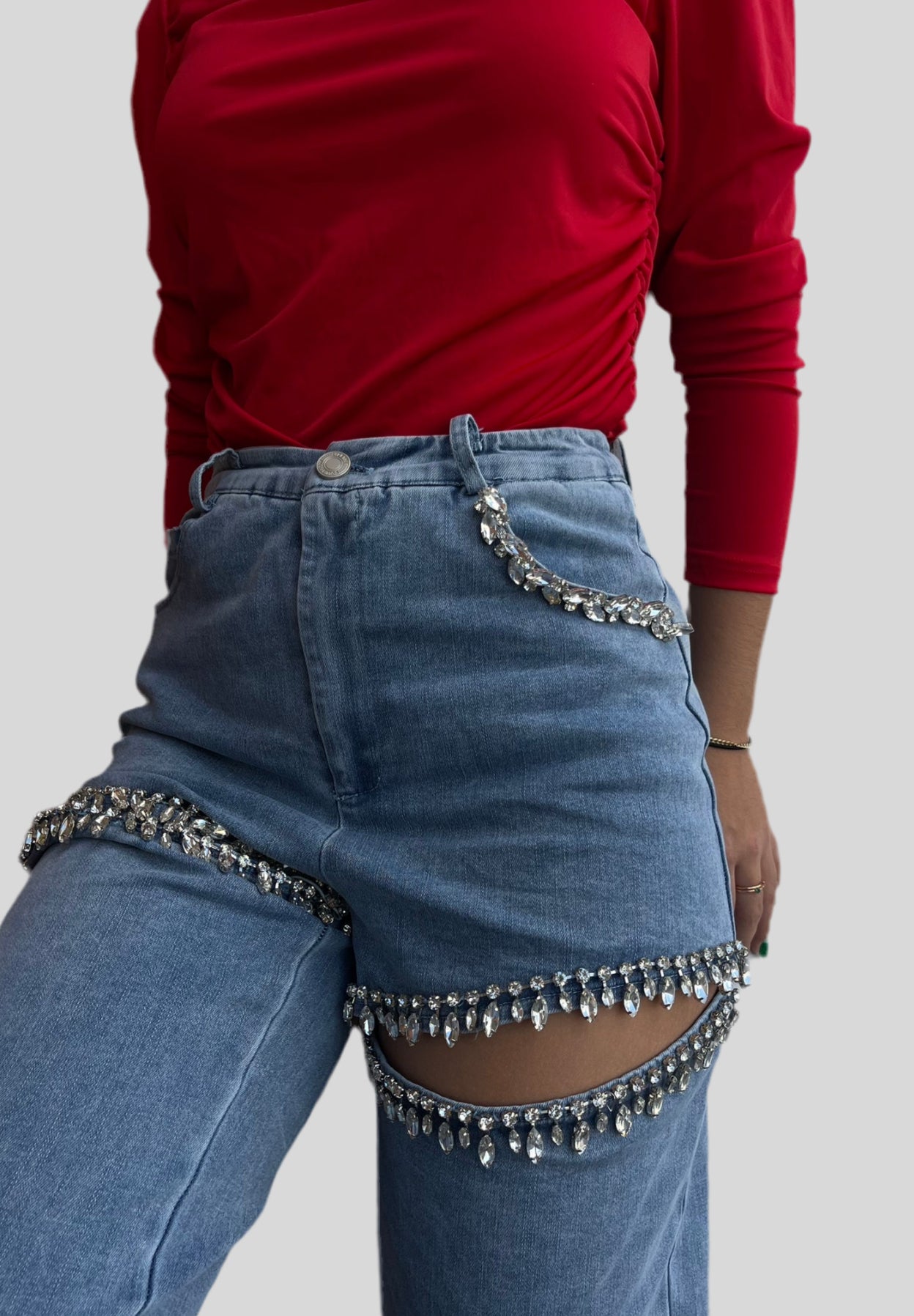 Washed Denim Rhinestone Pants